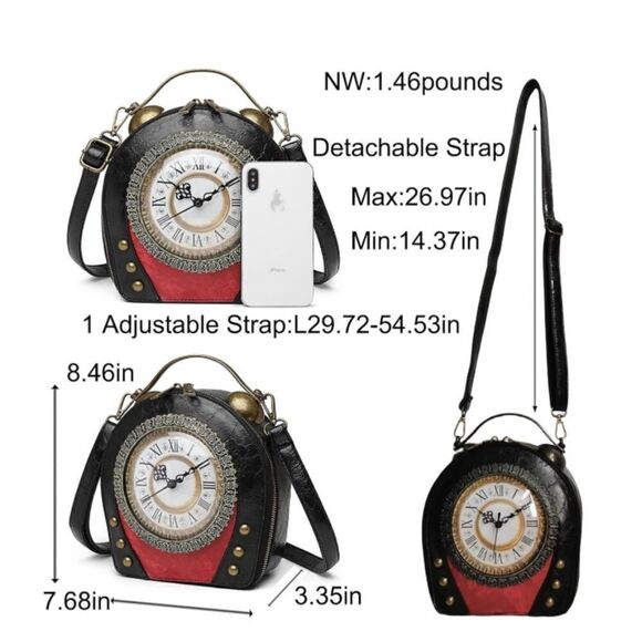 Women Classic Retro Clock Shaped Crossbody Shoulder Bag Handbag - Picture 3 of 6